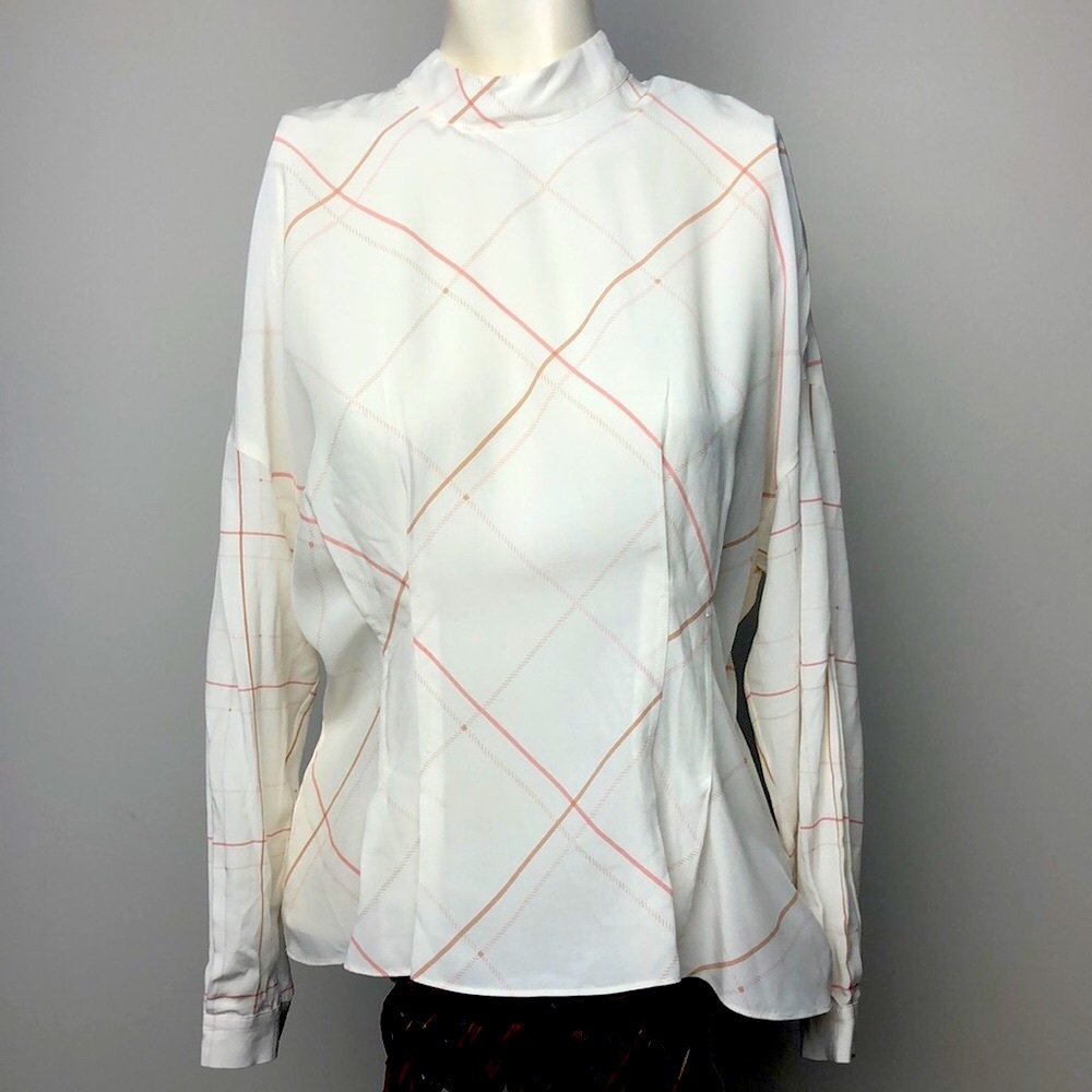 Massimo Dutti Cream Striped Printed Long Sleeve High Neck Blouse Size M